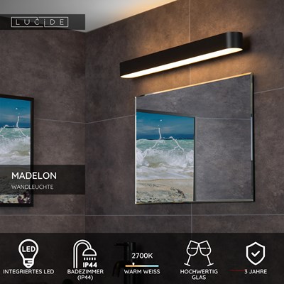 Lucide MADELON - Wandleuchte Badezimmer - LED - 1x9W 2700K - IP44 - Schwarz
